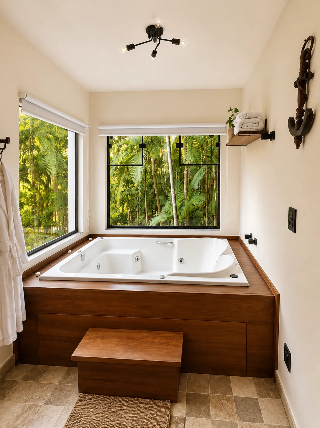 Hidromassagem cercada por janelas com vista para a natureza