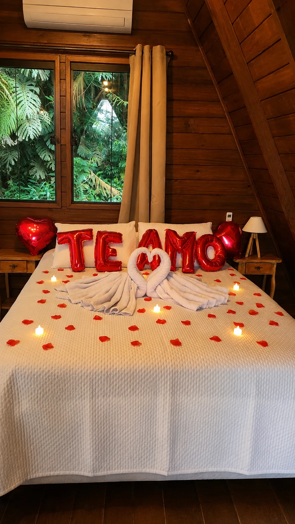 Quarto decorado com pétalas para uma estadia romântica